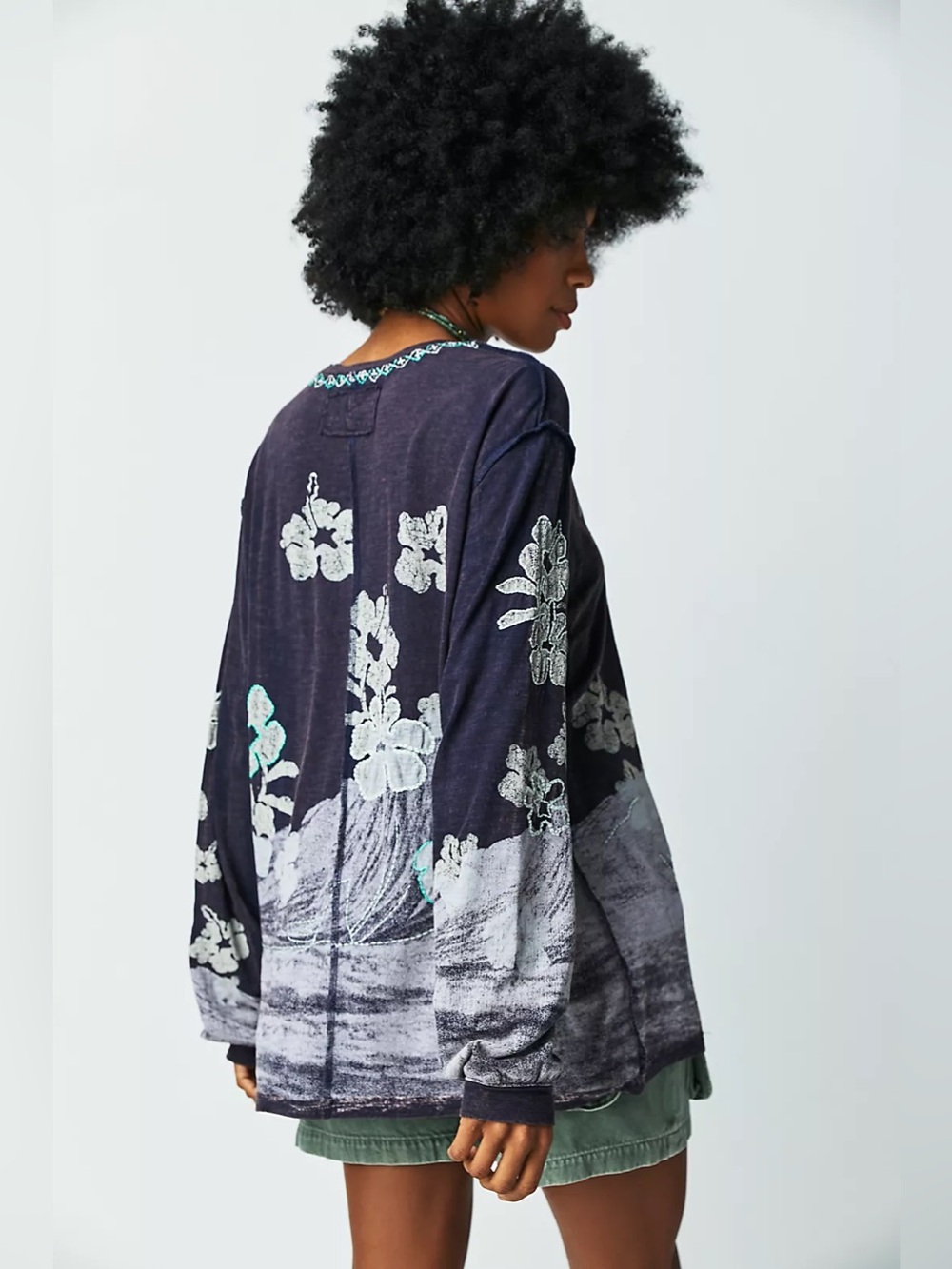 We The Free People Chasing Waves Embroidered Long Sleeve Oversized Top Small - Picture 2 of 9